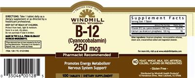 Photo of the Windmill Natural Vitamins B-12 (Cyanocobalamin) 250 mcg label
