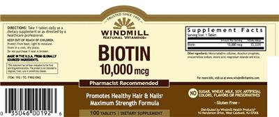 Photo of the Windmill Natural Vitamins Biotin 10,000 mcg label