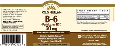 Photo of the Windmill Natural Vitamins B-6 (Pyridoxine HCl) 50 mg label