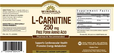 Photo of the Windmill L-Carnitine 250 mg label