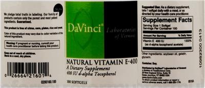Photo of the DaVinci Laboratories Of Vermont Natural Vitamin E-400 label