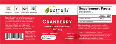 Photo of the EZ Melts Cranberry 500 mg Smooth Cranberry label
