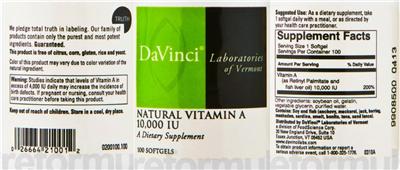 Photo of the DaVinci Laboratories Of Vermont Natural Vitamin A 10,000 IU label