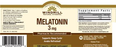 Photo of the Windmill Natural Vitamins Melatonin 3 mg label