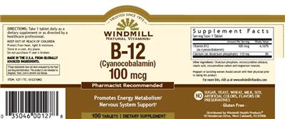 Photo of the Windmill Natural Vitamins B-12 (Cyanocobalamin) 100 mcg label