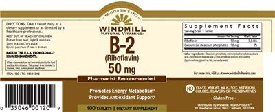 Photo of the Windmill Natural Vitamins B-2 (Riboflavin) 50 mg label