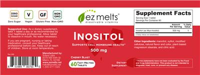 Photo of the EZ Melts Inositol 500 mg Cherry Blast label
