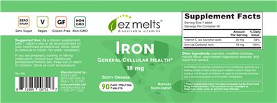 Photo of the EZ Melts Iron 18 mg Zesty Orange label