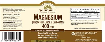 Photo of the Windmill Natural Vitamins Magnesium (Magnesium Oxide & Carbonate) 400 mg label
