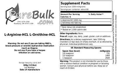 Photo of the PureBulk.com L-Arginine-HCL L-Ornithine-HCL label
