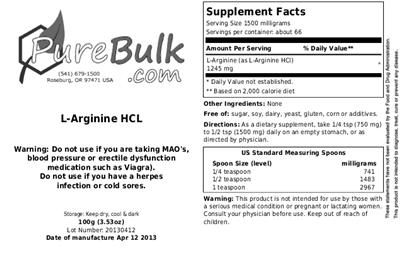 Photo of the PureBulk.com L-Arginine-HCL label