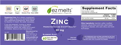Photo of the EZ Melts Zinc 30 mg Blueberry Blast label