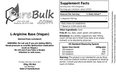 Photo of the PureBulk.com L-Arginine Base (Vegan) label