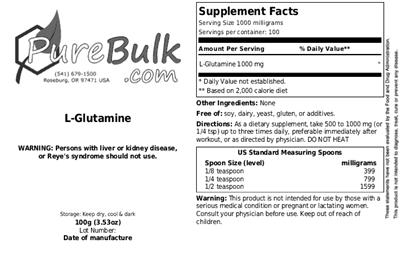 Photo of the PureBulk.com L-Glutamine label