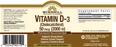 Photo of the Windmill Natural Vitamins Vitamin D-3 (Cholecalciferol) 50 mcg 2000 IU label