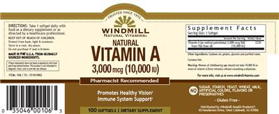 Photo of the Windmill Natural Vitamins Natural Vitamin A 3,000 mcg (10,000 IU) label