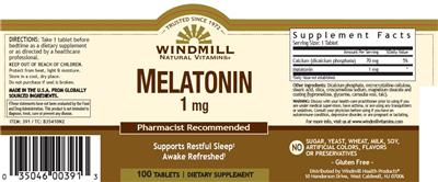Photo of the Windmill Natural Vitamins Melatonin 1 mg label