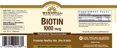Photo of the Windmill Natural Vitamins Biotin 1000 mcg label