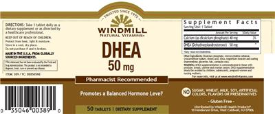 Photo of the Windmill Natural Vitamins DHEA 50 mg label