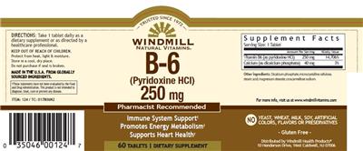 Photo of the Windmill Natural Vitamins B-6 (Pyridoxine HCl) 250 mg label