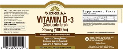 Photo of the Windmill Natural Vitamins Vitamin D-3 (Cholecalciferol) 25 mcg (1000 IU) label