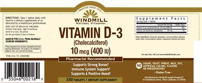 Photo of the Windmill Natural Vitamins Vitamin D-3 (Cholecalciferol) 10 mcg (400 IU) label
