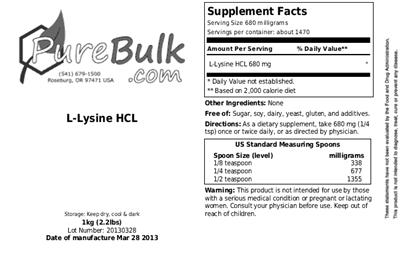 Photo of the PureBulk.com L-Lysine HCL label