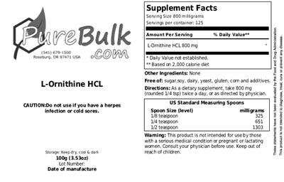 Photo of the PureBulk.com L-Ornithine HCL label