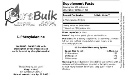 Photo of the PureBulk.com L-Phenylalanine label