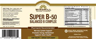 Photo of the Windmill Natural Vitamins Super B-50 Balanced B Complex label