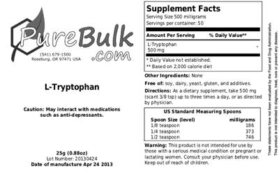 Photo of the PureBulk.com L-Tryptophan label