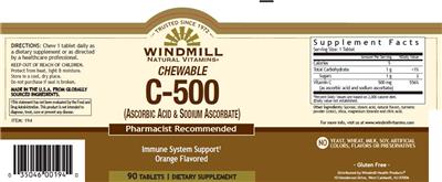 Photo of the Windmill Natural Vitamins Chewable C-500 Orange Flavored label