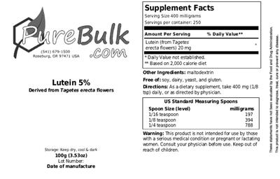 Photo of the PureBulk.com Lutein 5% label