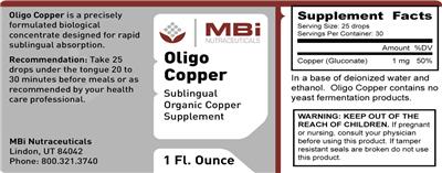Photo of the MBi Nutraceuticals Oligo Copper label