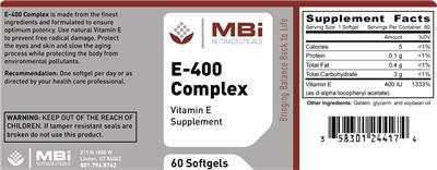 Photo of the MBi Nutraceuticals E-400 Complex label