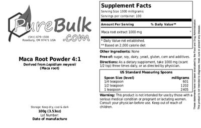 Photo of the PureBulk.com Maca Root Powder 4:1 label