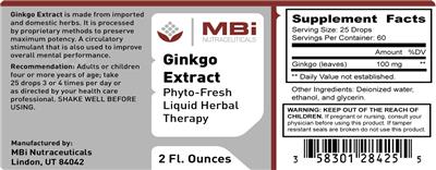 Photo of the MBi Nutraceuticals Ginkgo Extract label