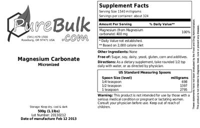 Photo of the PureBulk.com Magnesium Carbonate Micronized label
