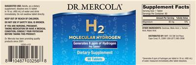 Photo of the Dr. Mercola H2 Molecular Hydrogen label