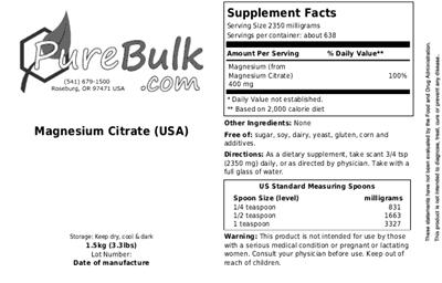 Photo of the PureBulk.com Magnesium Citrate (USA) label