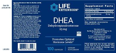 Photo of the Life Extension DHEA Dehydroepiandrosterone 25 mg label