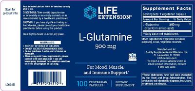Photo of the Life Extension L-Glutamine 500 mg label