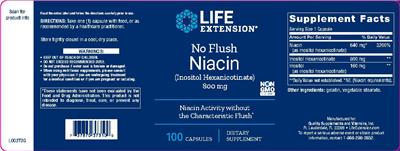 Photo of the Life Extension No Flush Niacin (Inositol Hexanicotinate) 800 mg label