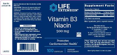 Photo of the Life Extension Vitamin B3 Niacin 500 mg label