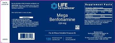 Photo of the Life Extension Mega Benfotiamine 250 mg label