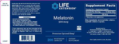 Photo of the Life Extension Melatonin 500 mcg label