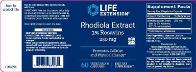 Photo of the Life Extension Rhodiola Extract 250 mg label
