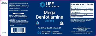 Photo of the Life Extension Mega Benfotiamine 250 mg label