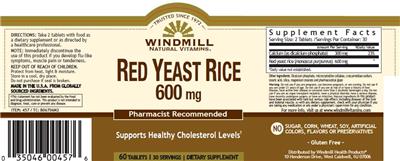 Photo of the Windmill Natural Vitamins Red Yeast Rice 600 mg label