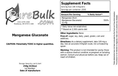 Photo of the PureBulk.com Manganese Gluconate label